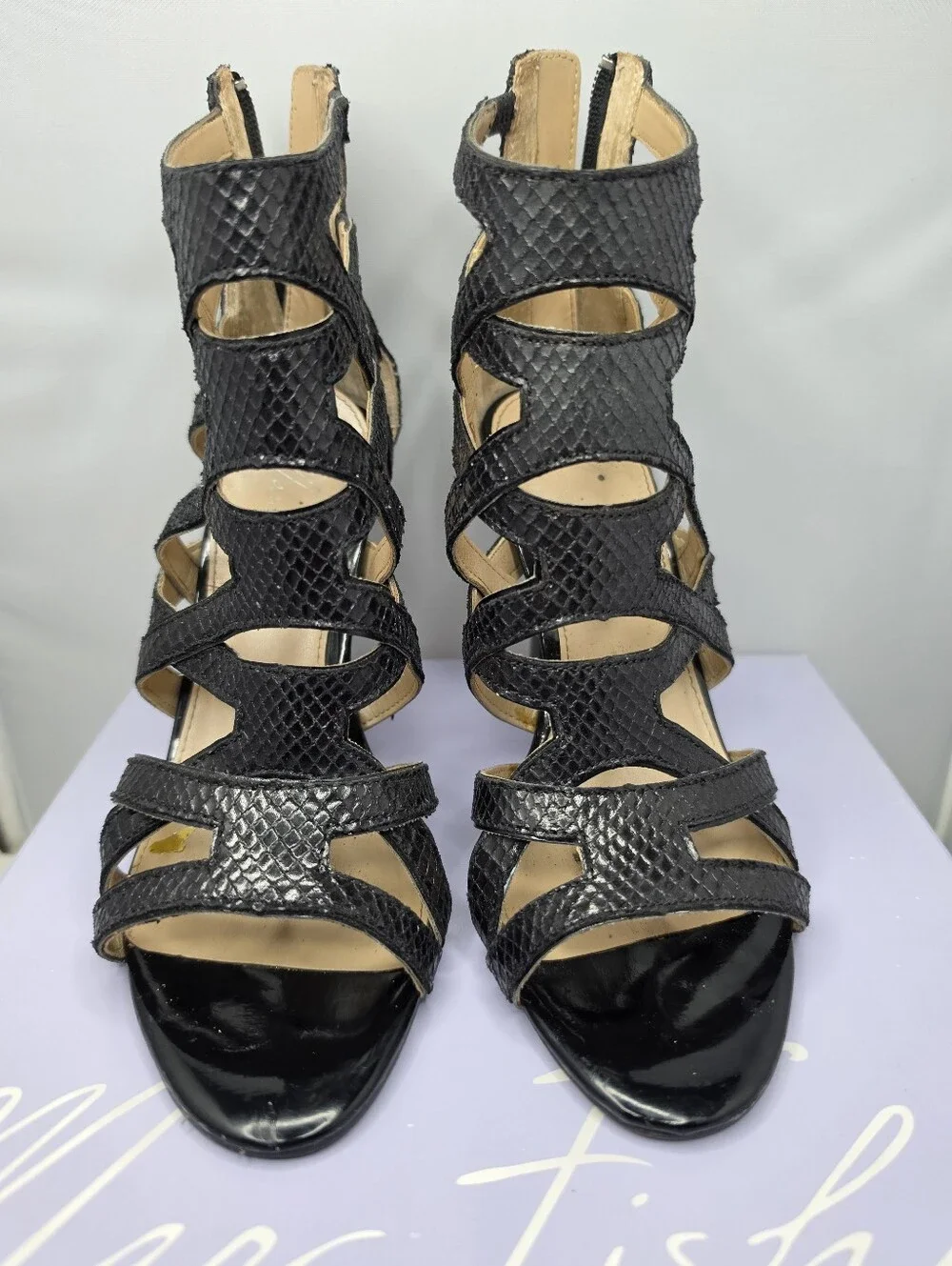 Marc Fisher faux snakeskin caged heels 7.5